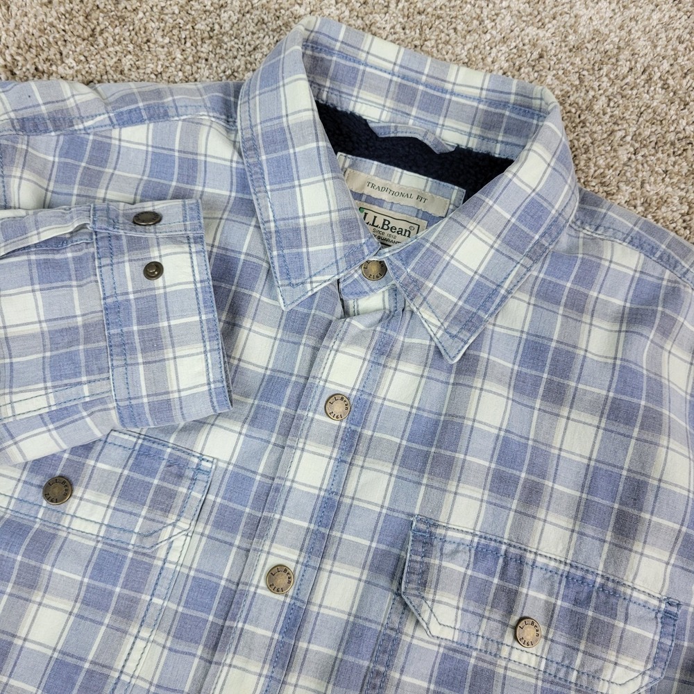 LL Bean Traditional Fit Mens Medium Fleece Lined Gray Plaid Heavyweight Shacket